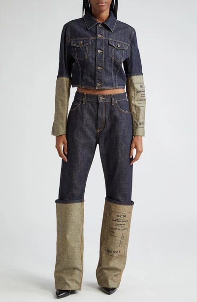 Shop Jean Paul Gaultier Label Graphic Cuffed Straight Leg Jeans In Indigo