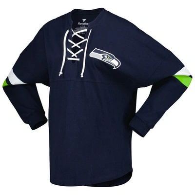 Shop Fanatics Branded College Navy Seattle Seahawks Spirit Jersey Lace-up V-neck Long Sleeve T-shirt