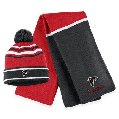 Shop Wear By Erin Andrews Red Atlanta Falcons Colorblock Cuffed Knit Hat With Pom And Scarf Set