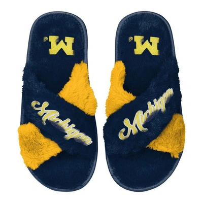 Shop Foco Navy Michigan Wolverines Two-tone Crossover Faux Fur Slide Slippers