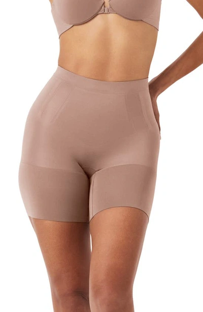 Shop Spanx Oncore Mid Thigh Shorts In Cafe Au Lait