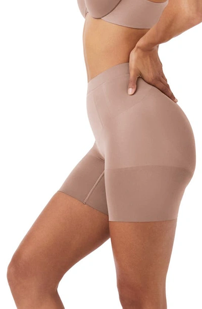 Shop Spanx Oncore Mid Thigh Shorts In Cafe Au Lait