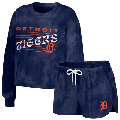 Shop Wear By Erin Andrews Navy Detroit Tigers Tie-dye Cropped Pullover Sweatshirt & Shorts Lounge Set