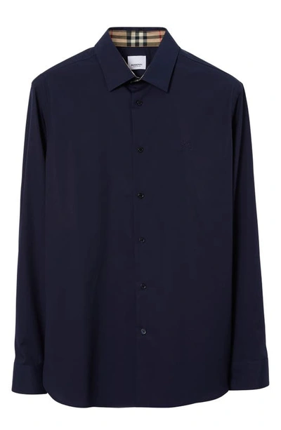 Shop Burberry Sherfield Equestrian Knight Stretch Cotton Button-up Shirt In Navy