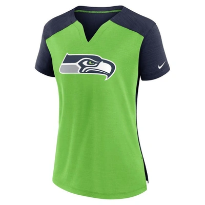 Shop Nike Neon Green/college Navy Seattle Seahawks Impact Exceed Performance Notch Neck T-shirt