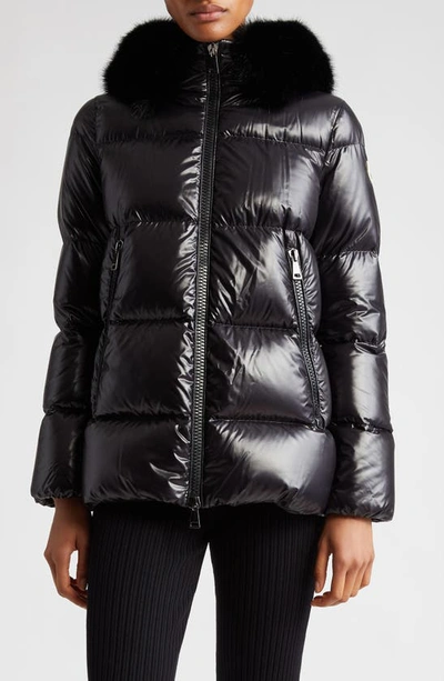 Shop Moncler Laiche Crop Quilted Hooded Jacket With Removable Faux Fur Trim In Black