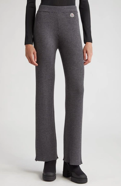 Shop Moncler Logo Patch Virgin Wool Blend Rib Sweater Pants In Dark Grey
