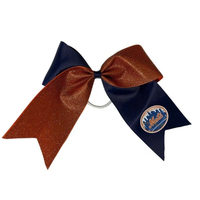 Shop Usa Licensed Bows New York Mets Jumbo Glitter Bow With Ponytail Holder In Navy