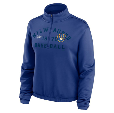 Shop Nike Royal Milwaukee Brewers Rewind Splice Half-zip Semi-cropped Bubble Hem Sweatshirt