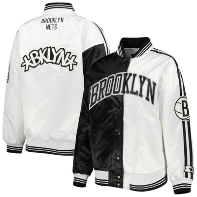 Starter Black/white Brooklyn Nets Split Colorblock Satin Full-snap Varsity Jacket In Black