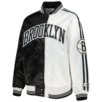 Starter Black/white Brooklyn Nets Split Colorblock Satin Full-snap Varsity Jacket In Black