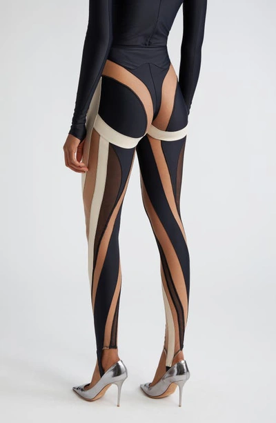 Shop Mugler Multicolor Sheer Spiral Stirrup Leggings In Multi Black/ Light Beige