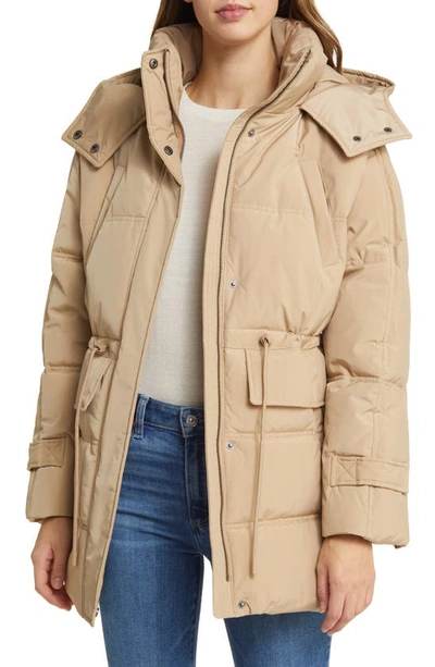 Shop Lucky Brand Hooded Short Puffer Jacket In Sand