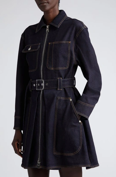 Shop Alexander Mcqueen Utility Long Sleeve Stretch Denim Belted Shirtdress In Cold Wash