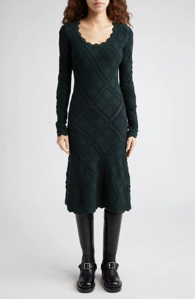 Shop Burberry Check Scoop Neck Long Sleeve Wool Blend Sweater Dress In Vine