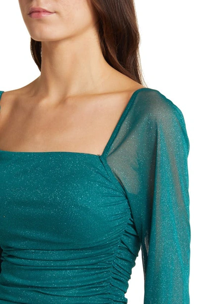 Jump Apparel Ruched Glitter Long Sleeve Minidress In Hunter