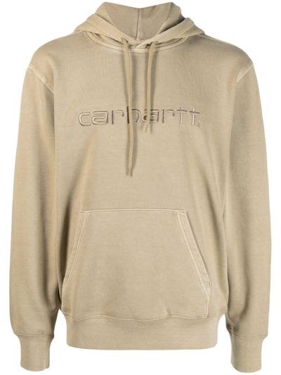 Shop Carhartt Wip Logo Embroidered Drawstring Hoodie In Brown
