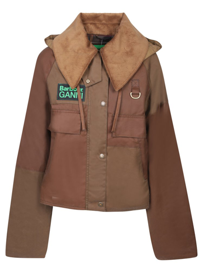 Shop Barbour X Ganni Logo Patch Hooded Jacket In Brown