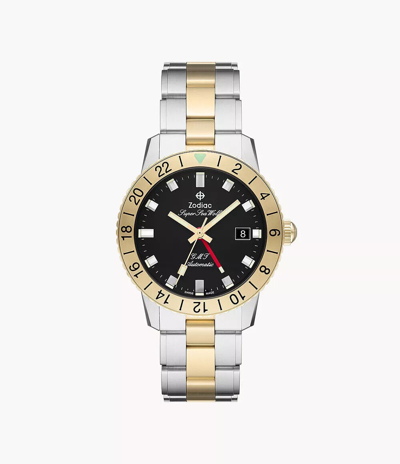 Pre-owned Zodiac Super Sea Wolf Gmt Two Tone Black Dial Steel Bracelet Watch Zo9406