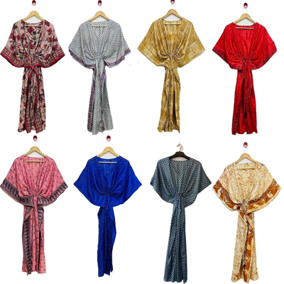 Pre-owned Handmade 20 Pcs Lot Vintage Silk Saree Kaftan Kimono Women's Holiday Silk Caftan Dress In Multicolor