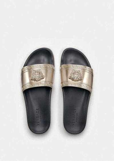 Pre-owned Versace Mens Palazzo Metallic Rubber Slides Bronze/black It Size 45 In Gray