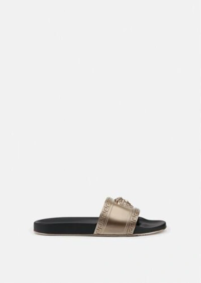 Pre-owned Versace Mens Palazzo Metallic Rubber Slides Bronze/black It Size 45 In Gray