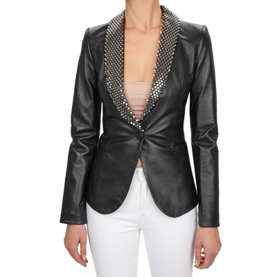Pre-owned Philipp Plein Couture Metal Studs Leather Jacket Blazer Black Silver 13164