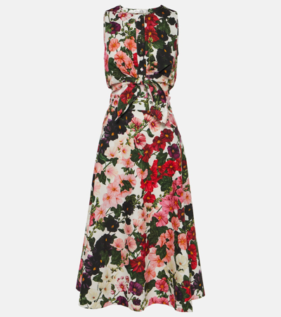 Shop Oscar De La Renta Floral Cotton-blend Midi Dress In Multicoloured