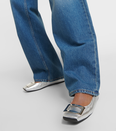 Roger Vivier Viv' Pockette Metallic Leather Ballet Flats In Silver
