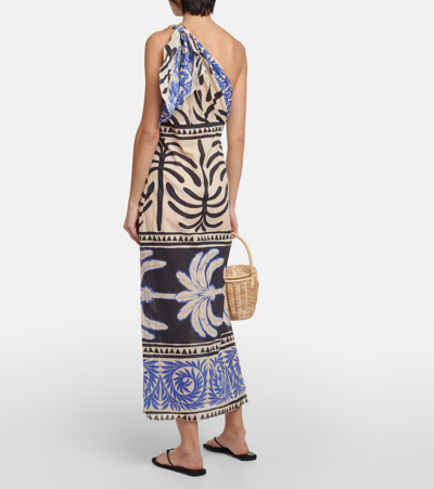 Shop Johanna Ortiz Printed One-shoulder Cotton Maxi Dress In Blue