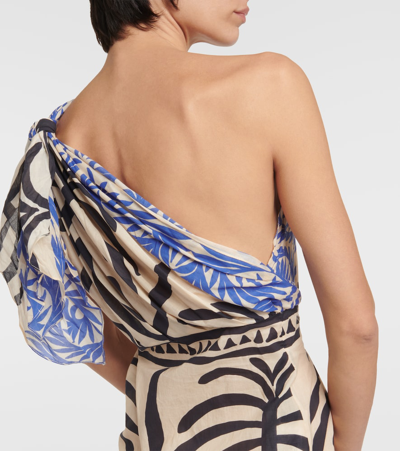 Shop Johanna Ortiz Printed One-shoulder Cotton Maxi Dress In Blue