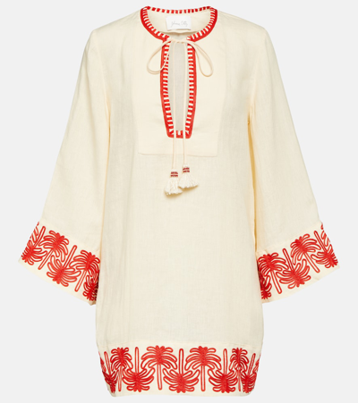 Shop Johanna Ortiz Embroidered Linen-blend Minidress In White