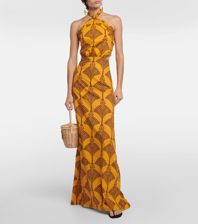 Shop Johanna Ortiz Printed Halterneck Cotton Maxi Dress In Yellow