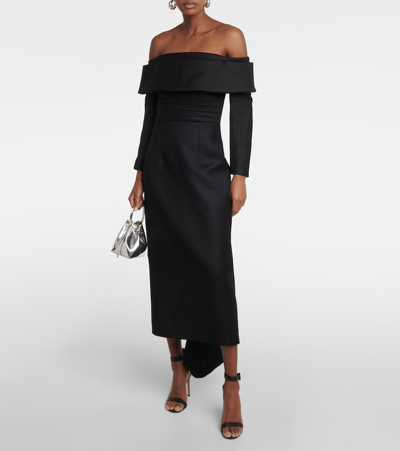 Shop Emilia Wickstead Derika Off-shoulder Wool Midi Dress In Black
