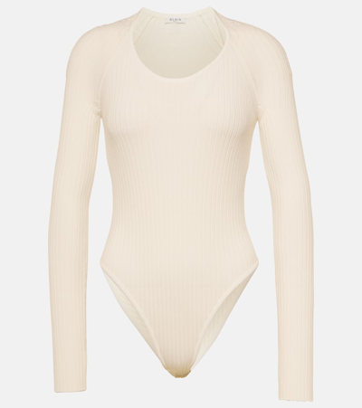 Shop Alaïa Ribbed-knit Bodysuit In White