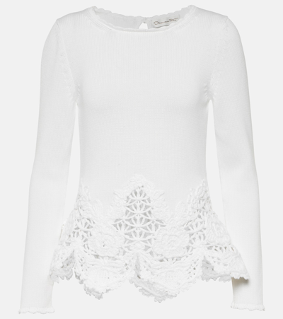 Shop Oscar De La Renta Lace-trimmed Cotton Sweater In White