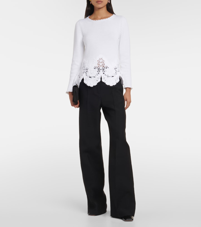 Shop Oscar De La Renta Lace-trimmed Cotton Sweater In White