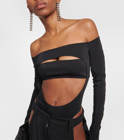 Shop Mugler Circle Off-shoulder Cutout Bodysuit In Black