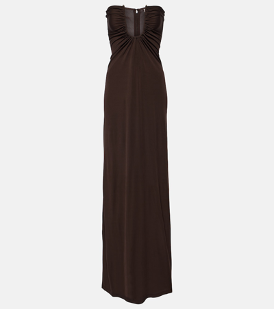 Shop Christopher Esber Arced Palm Strapless Maxi Dress In Brown
