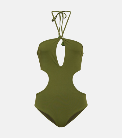 Shop Johanna Ortiz Halterneck Cutout Swimsuit In Green