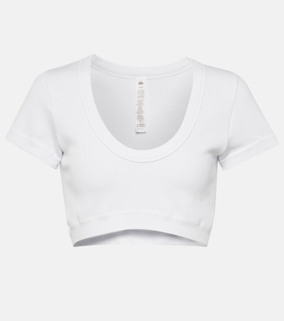 Shop Alo Yoga Serene Cotton-blend Crop Top In White
