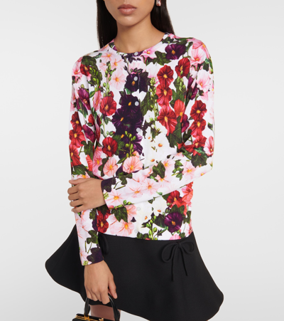 Oscar De La Renta Hollyhocks Print Crewneck Cardigan In Multicoloured