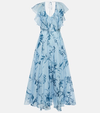 Shop Erdem Printed Cotton And Silk Midi Dress In Blue