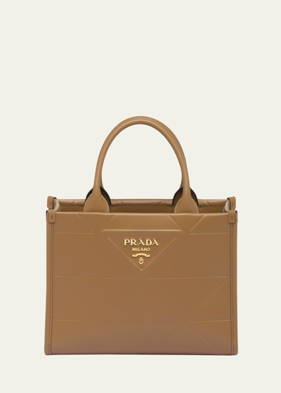 Prada Mini Triangle Logo Leather Tote Bag In Brown