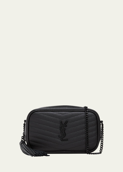 Shop Saint Laurent Lou Mini Camera Bag In Grained Quilted Leather With Tassel And Black Hardware In Black/black