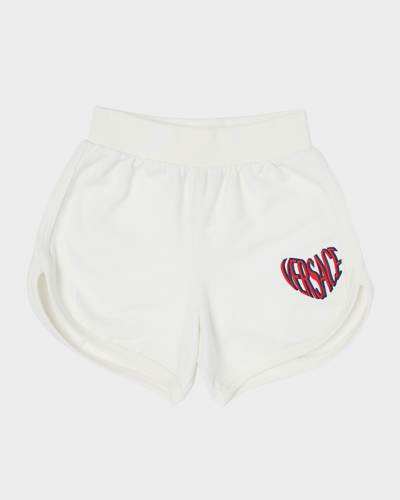 Shop Versace Girl's Logo Embroidered Fleece Shorts In Whitemulticolor
