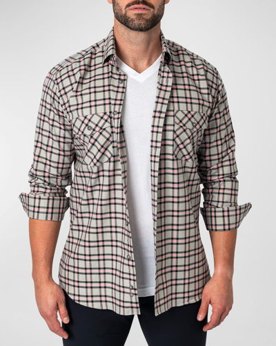 Shop Maceoo Men's Embroidered Flannel Sport Shirt In Pink Grey