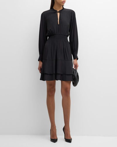 Shop Neiman Marcus Olivia Tiered Smocked A-line Mini Dress In Black Onyx