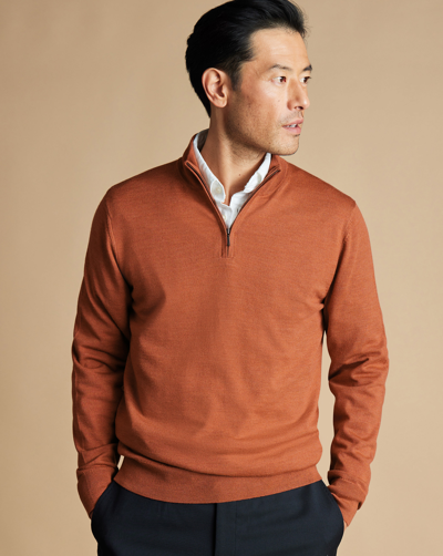 Shop Charles Tyrwhitt Men's  Merino Zip Neck Sweater In Orange