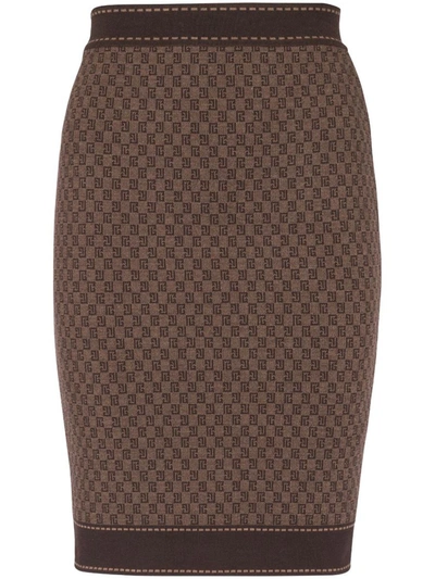 Shop Balmain Monogram Mini Pencil Skirt In Brown